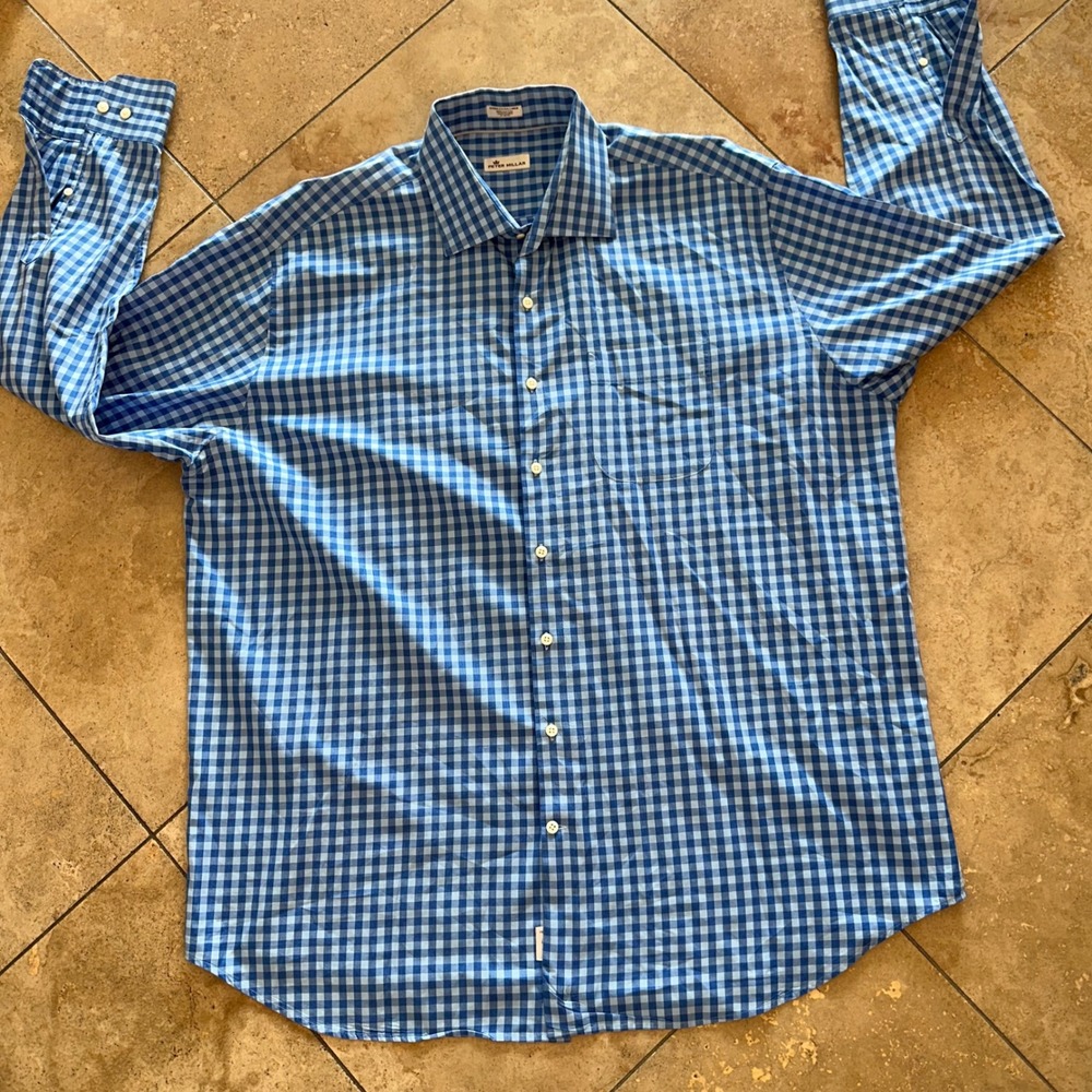 Peter Millar Mens Extra XXL Blue Gingham Check Long‎ Sleeve Dress Shirt